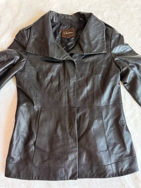 Cole Haan Black Leather Jacket with Wide Collar